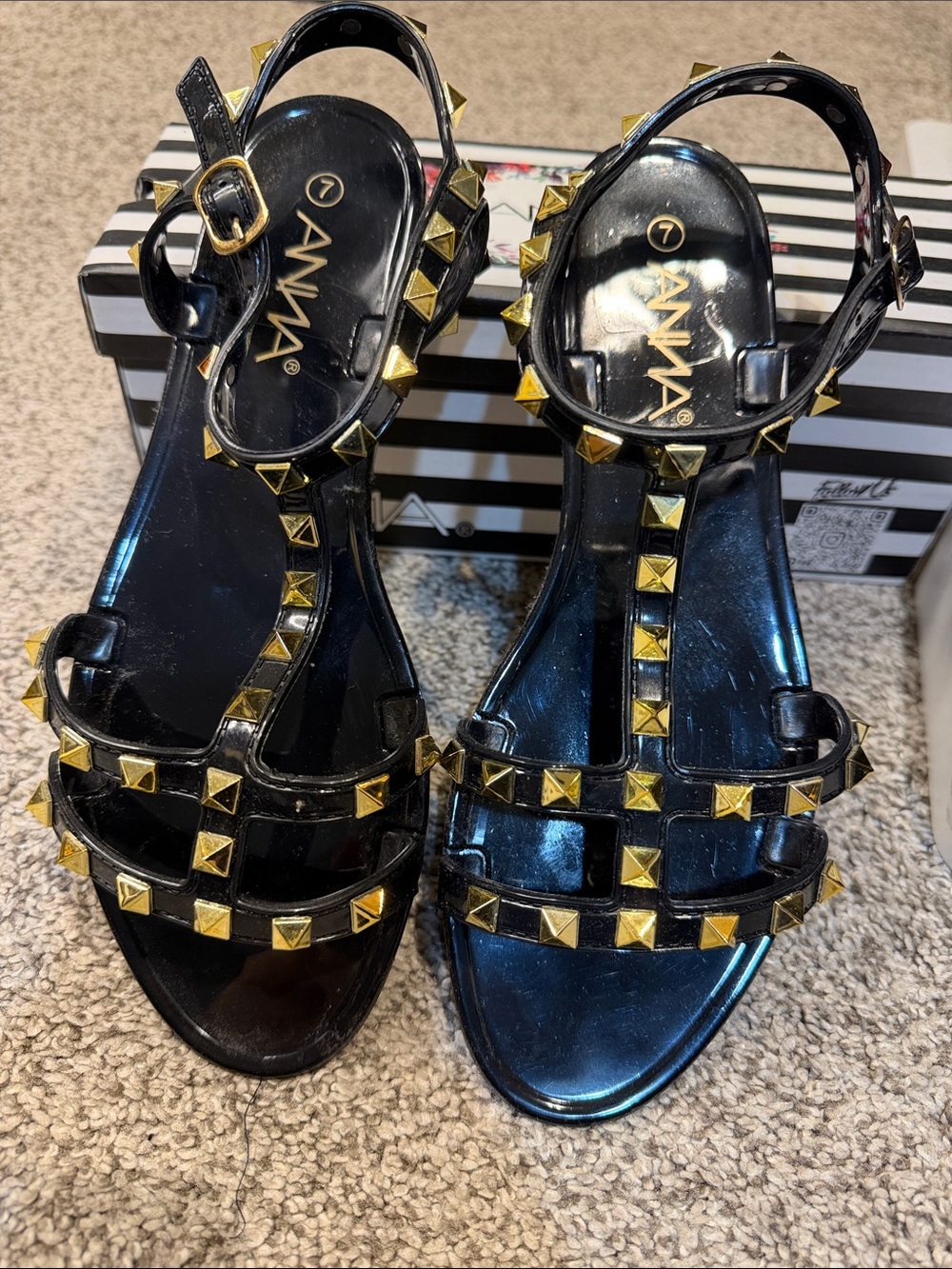 Anna Black Patent T-Strap Sandals with Gold Studs